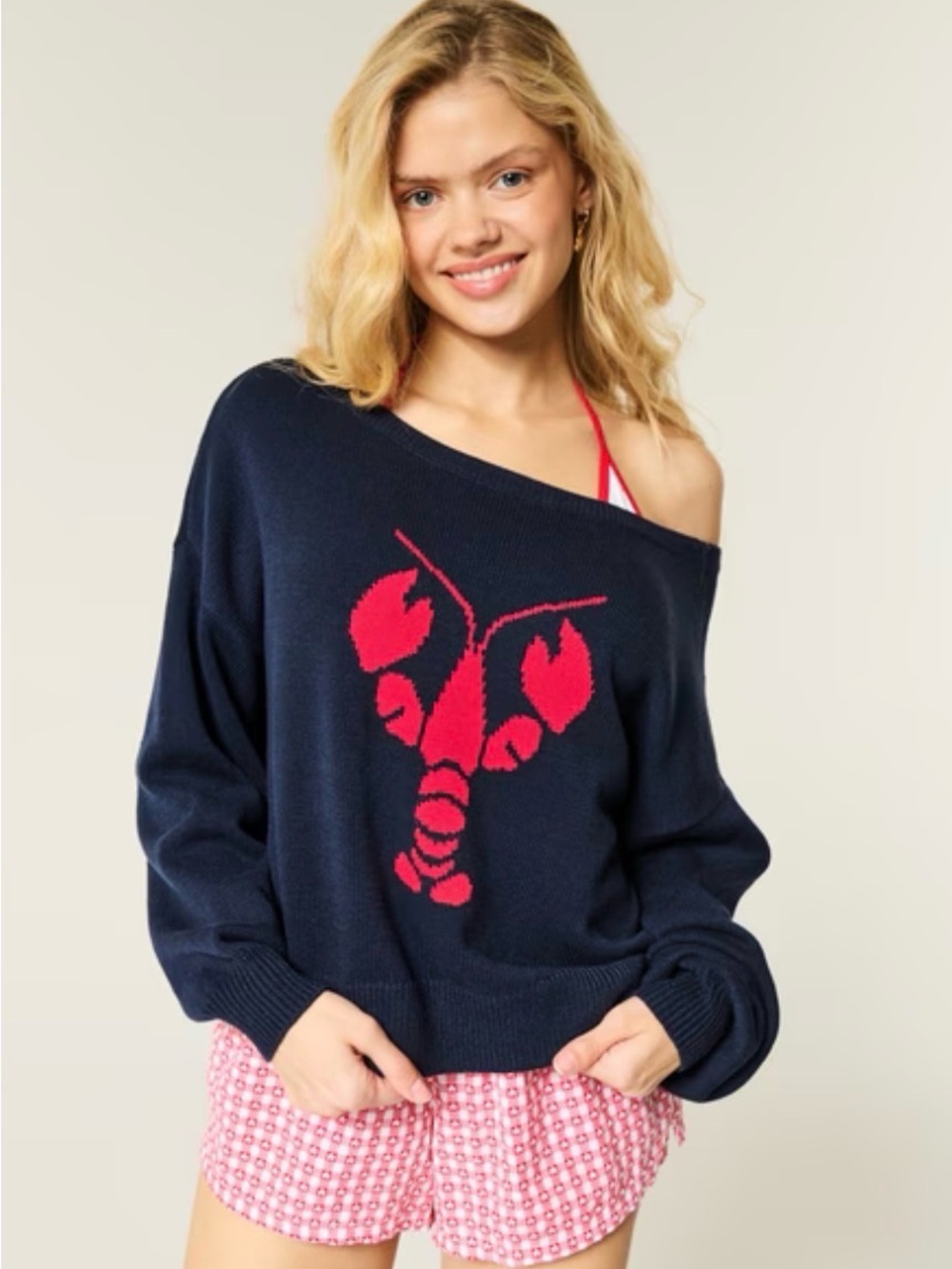 Hollister Navy Off-Shoulder Sweater with Lobster Graphic